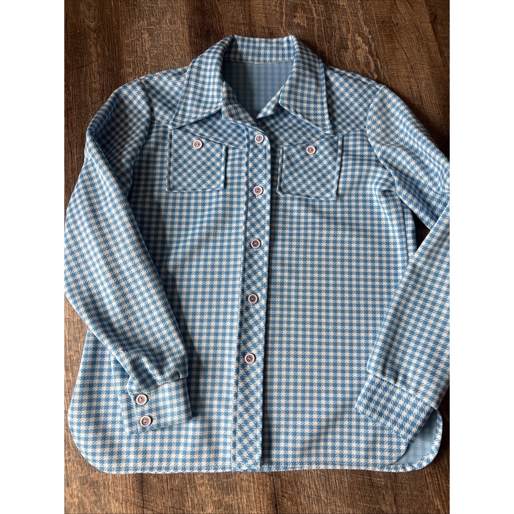 Vintage 70s Houndstooth Knit Shirt Blue Disco Wing Collar Womens‎ M/L